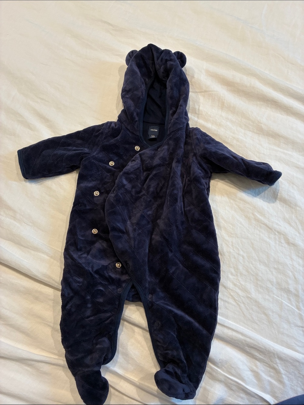 GAP Navy Plush quilted velvet Hooded Footed One-Piece